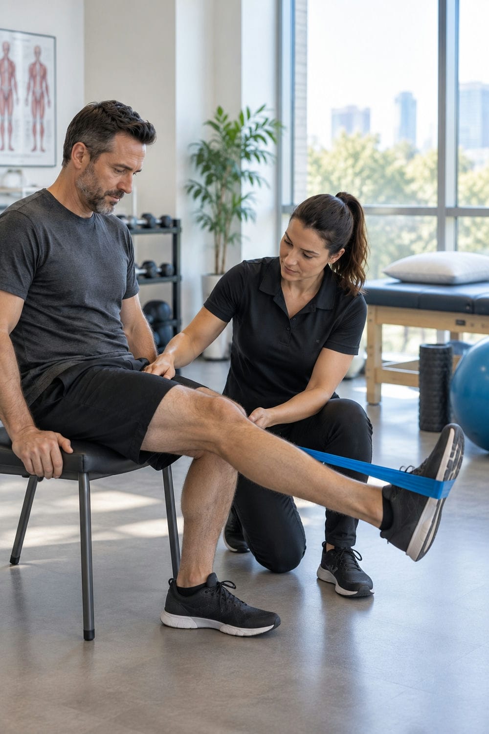 Physiotherapist guiding an injured man through a knee exercise in a bright Toronto clinic
