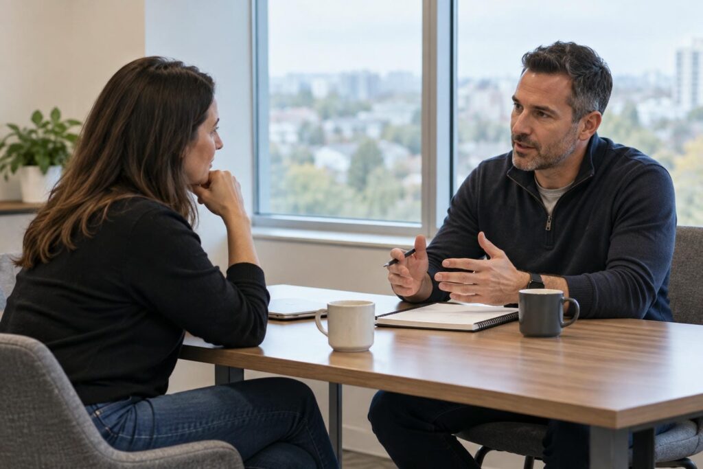 Two people seated across a small table in a quiet Ontario office, talking over handwritten notes.