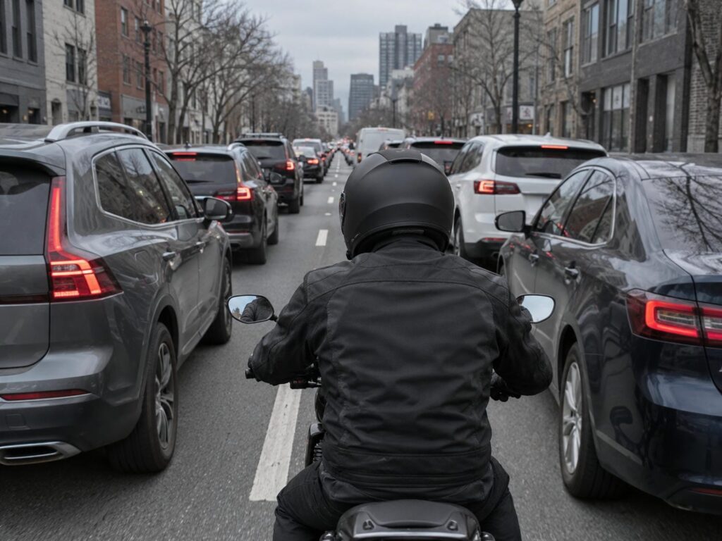 Helmeted motorcyclist riding between lanes of slow traffic on a multi-lane Ontario road