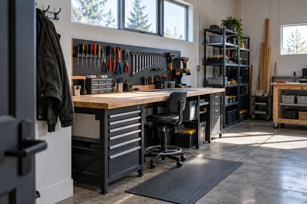 Empty workbench and chair with a jacket still on the hook in a small Ontario workshop.