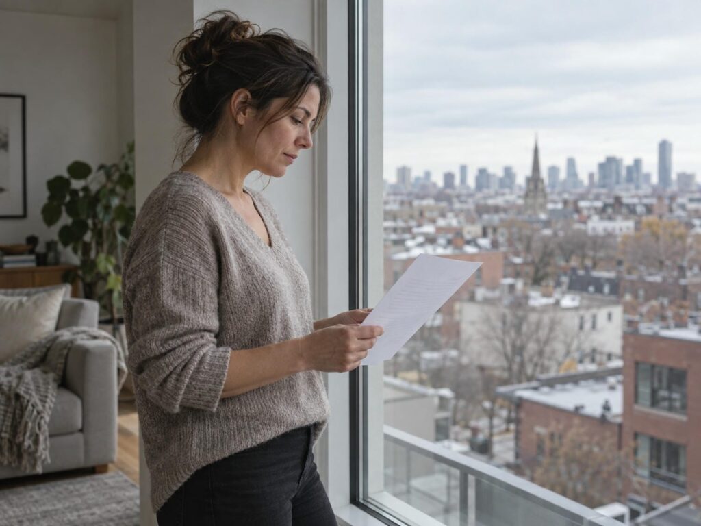 Woman standing at an apartment window in Ontario reading a long-term disability denial letter.