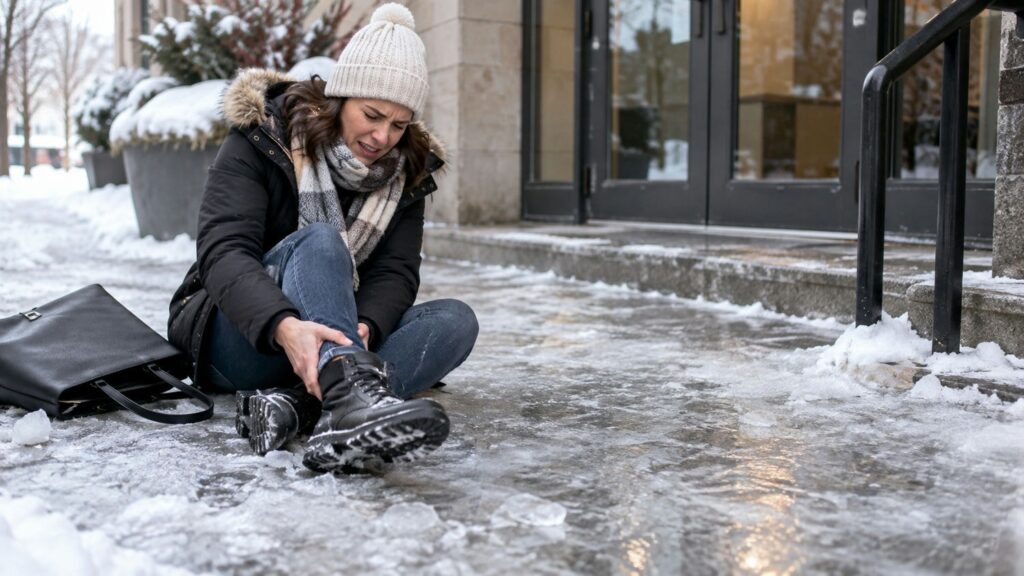 Woman injured after slipping on an icy walkway outside a building in Ontario