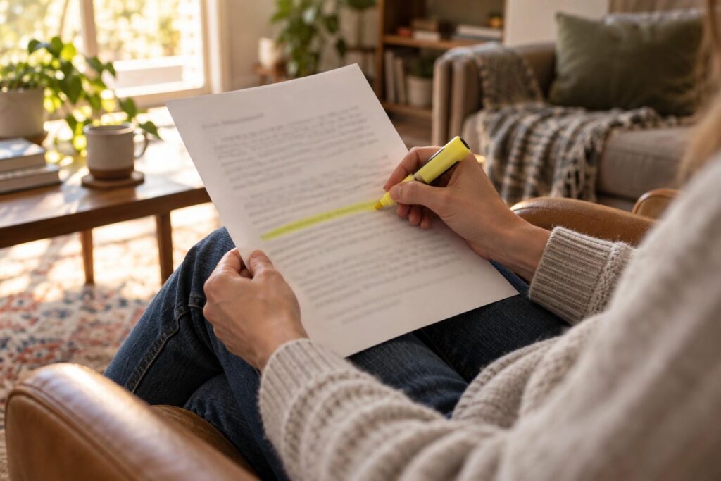 Close view of hands holding a single-page denial letter and marking one line with a yellow highlighter.