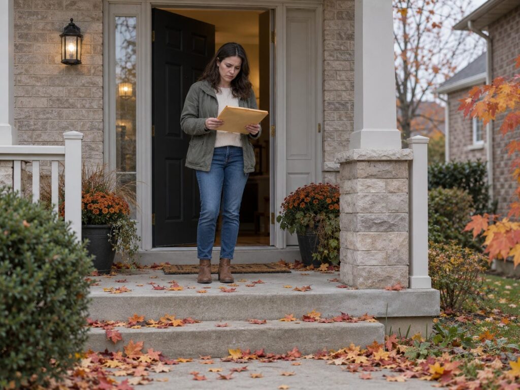 Woman at the front door of an Ontario home holding a thick envelope of claim file documents.
