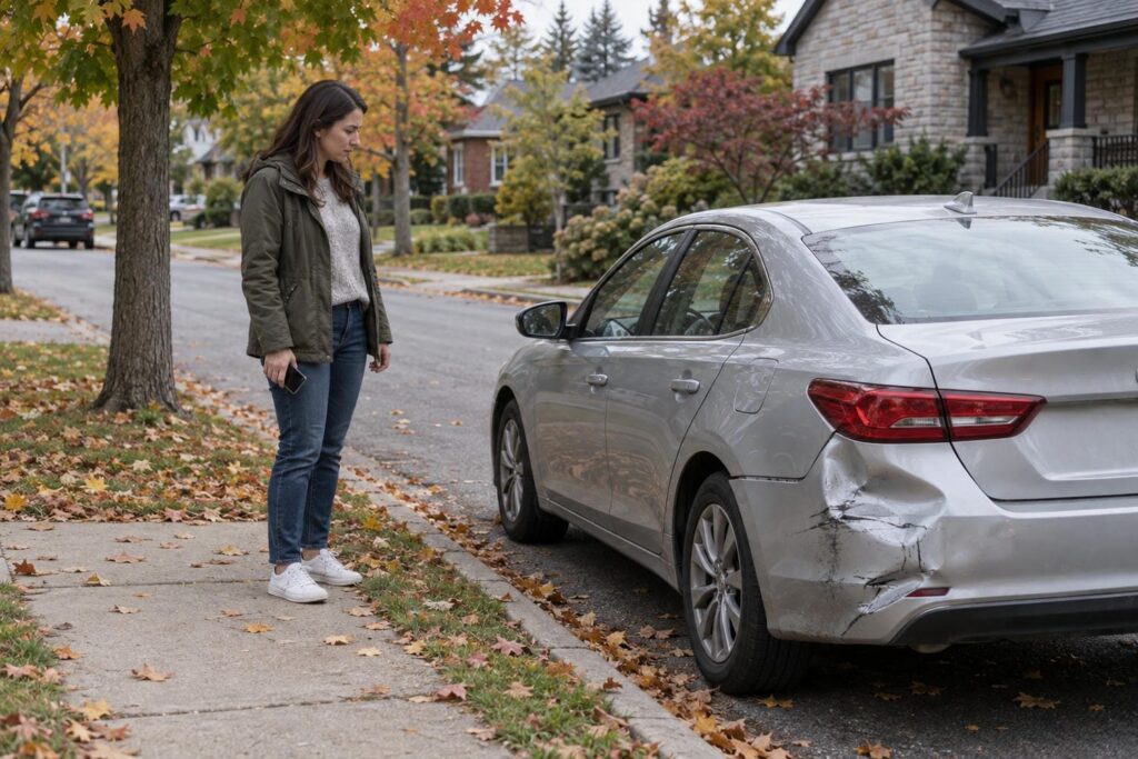 Driver standing on the sidewalk beside her parked sedan with rear bumper damage on a quiet Ontario street