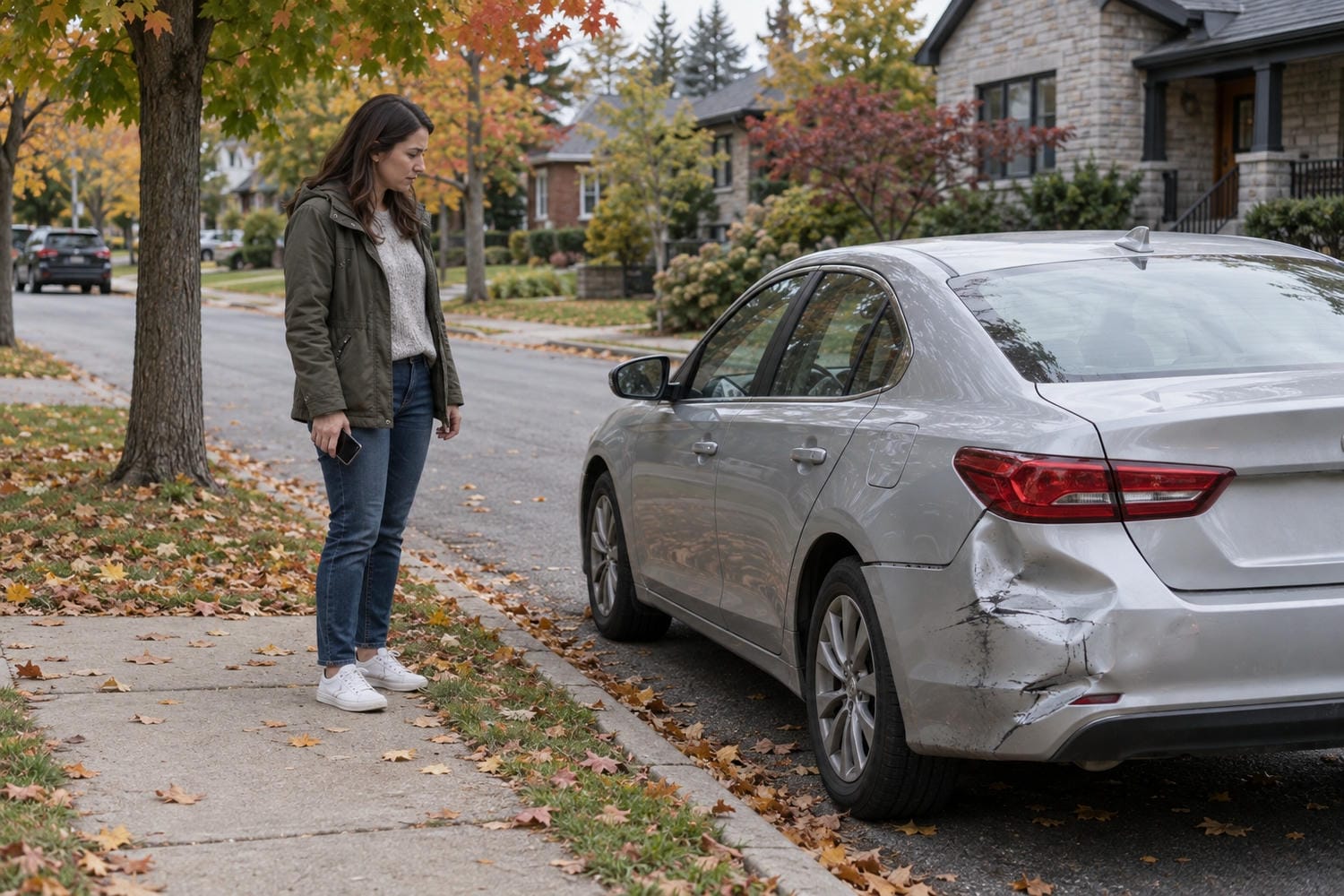 Driver standing on the sidewalk beside her parked sedan with rear bumper damage on a quiet Ontario street