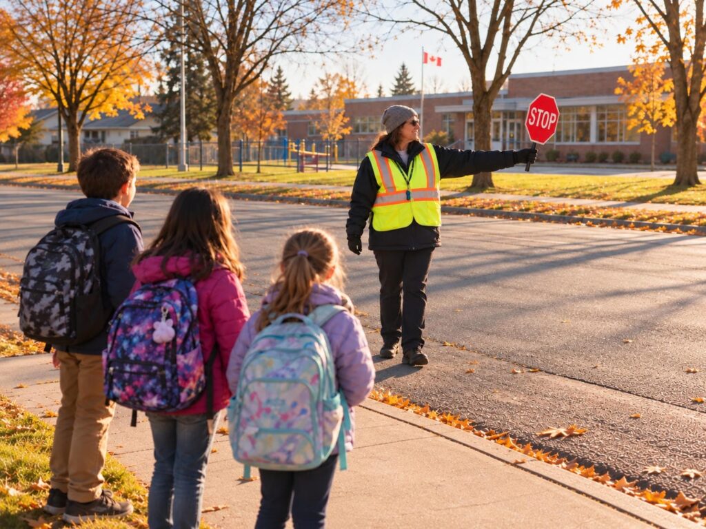 Crossing guard holding a handheld stop sign on a residential street while children with backpacks wait on the sidewalk