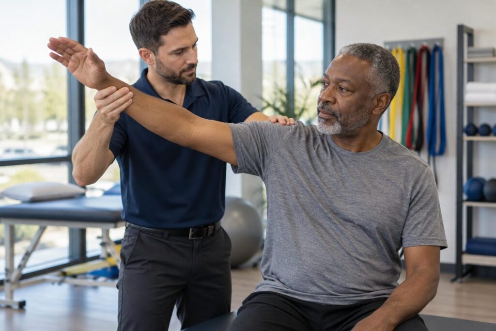 Physiotherapist guiding a patient through a shoulder movement assessment at a rehabilitation clinic