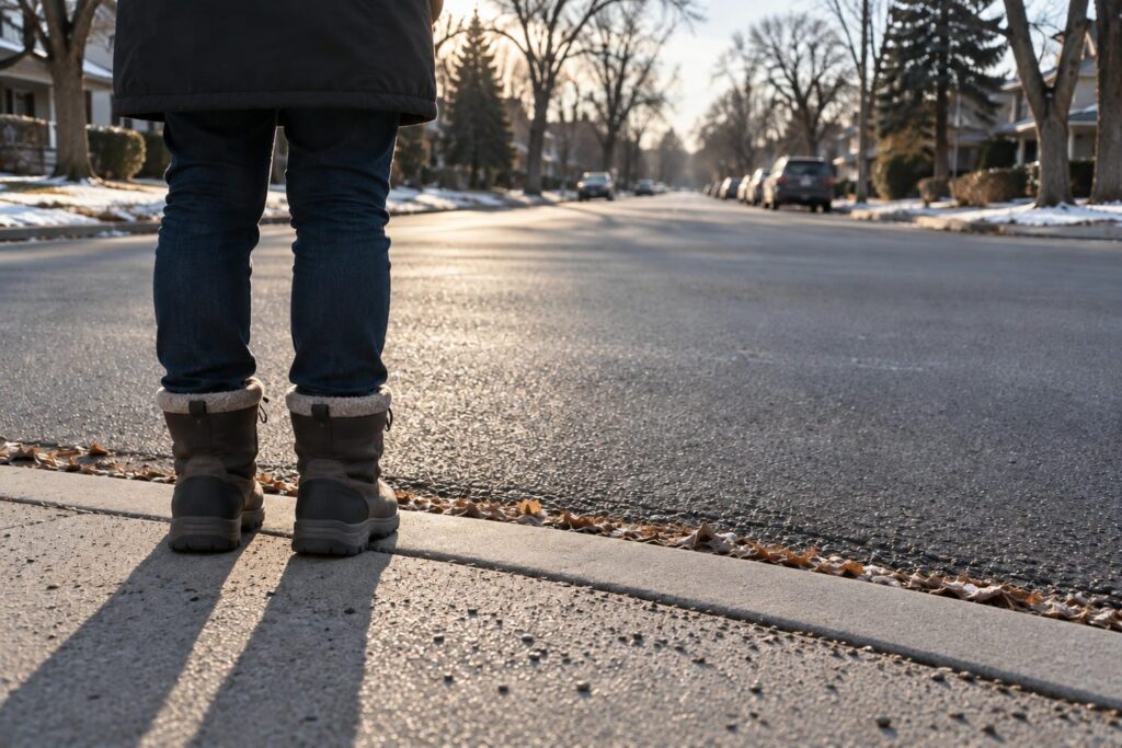 Person waiting at the curb on a mid block stretch of Ontario road with no painted crossing markings