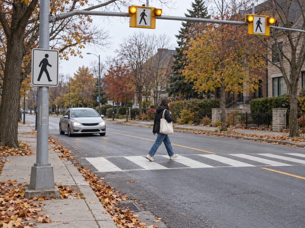 Car stopped well back from an Ontario pedestrian crossover with overhead flashing beacons as one person crosses