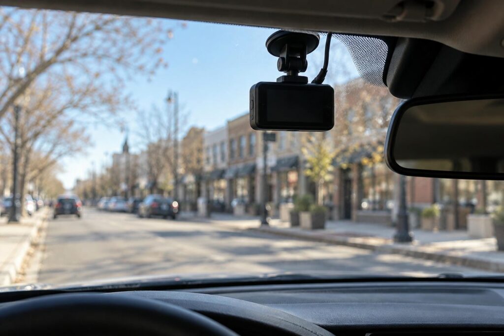 Small dashboard camera clipped to a car windshield facing a sunlit city street