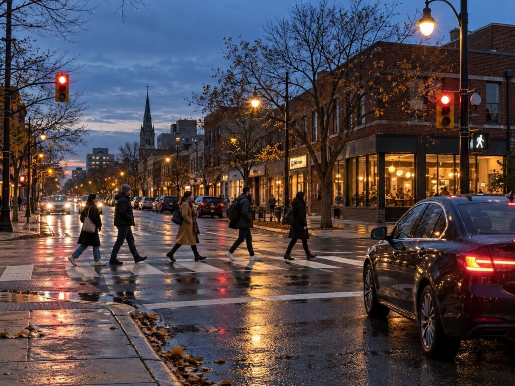 Pedestrians crossing a signalized Ontario intersection at dusk as a car waits behind the stop line