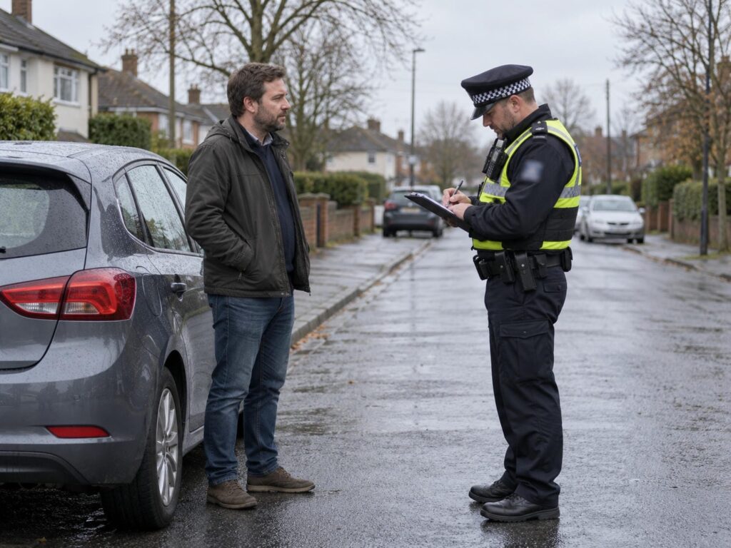 Driver standing beside his stopped car on a residential street while a police officer takes notes on a clipboard