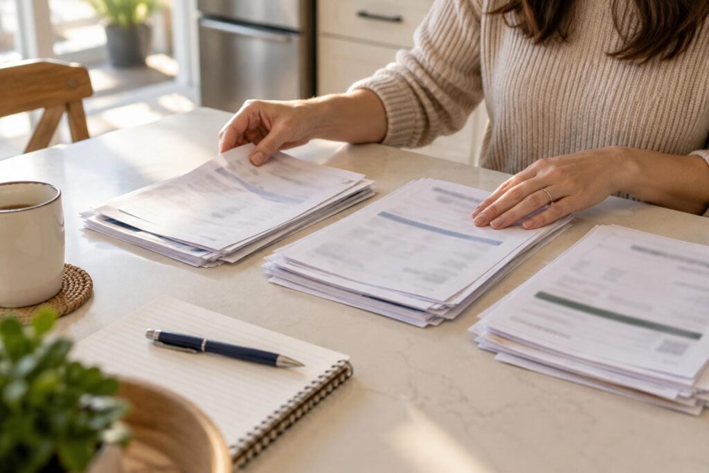 Close view of hands sorting printed benefit statements into separate piles on a kitchen table