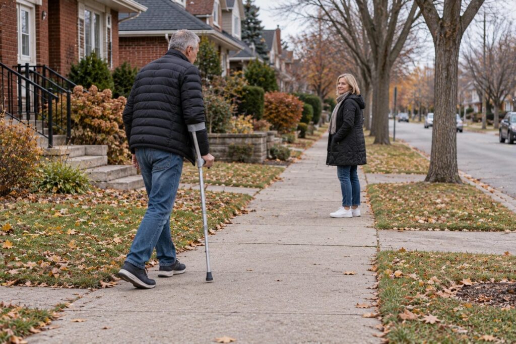 Man walking with a forearm crutch along a residential sidewalk in late autumn while a companion waits ahead