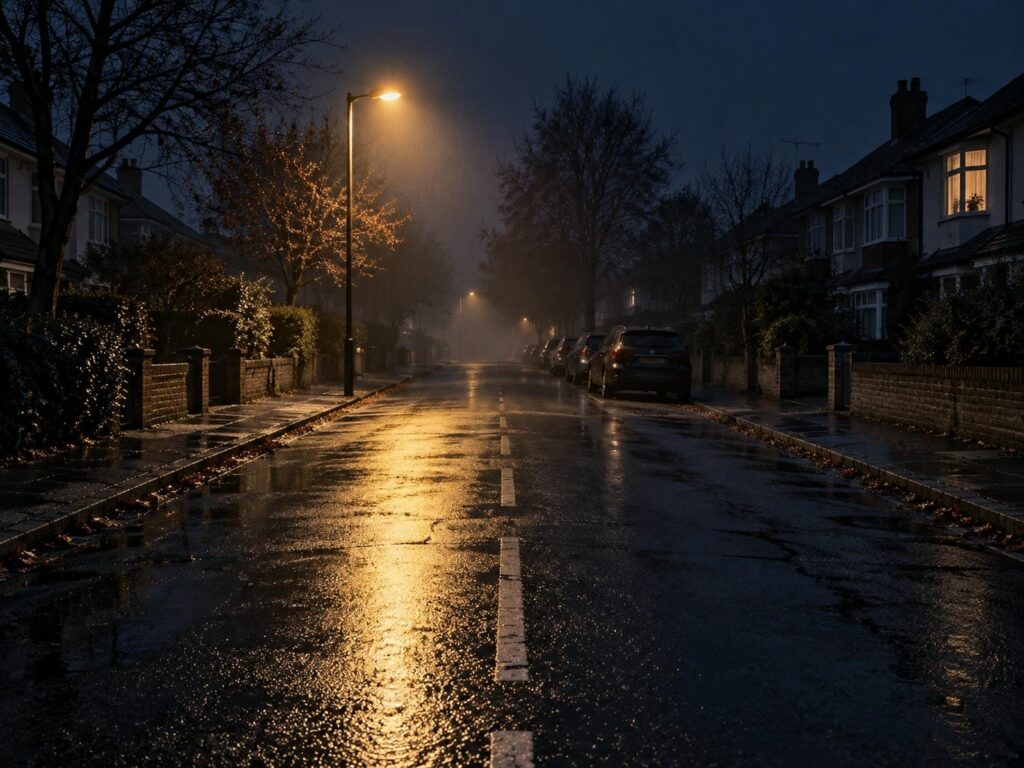 Empty residential street at night lit by a single streetlight with wet asphalt and no traffic
