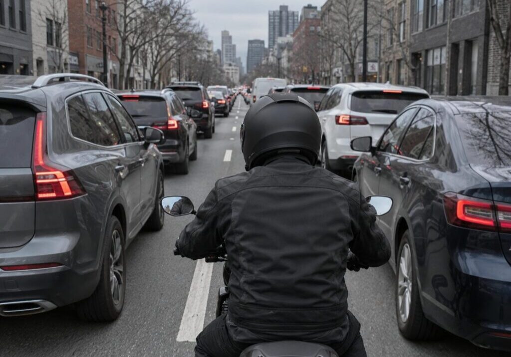 Helmeted motorcyclist riding between lanes of slow traffic on a multi-lane Ontario road