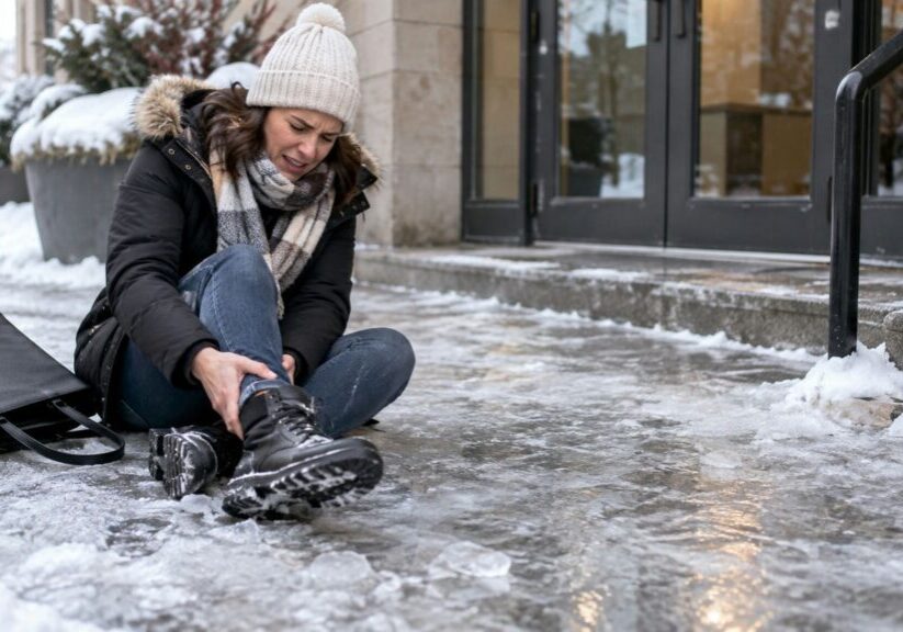 Woman injured after slipping on an icy walkway outside a building in Ontario