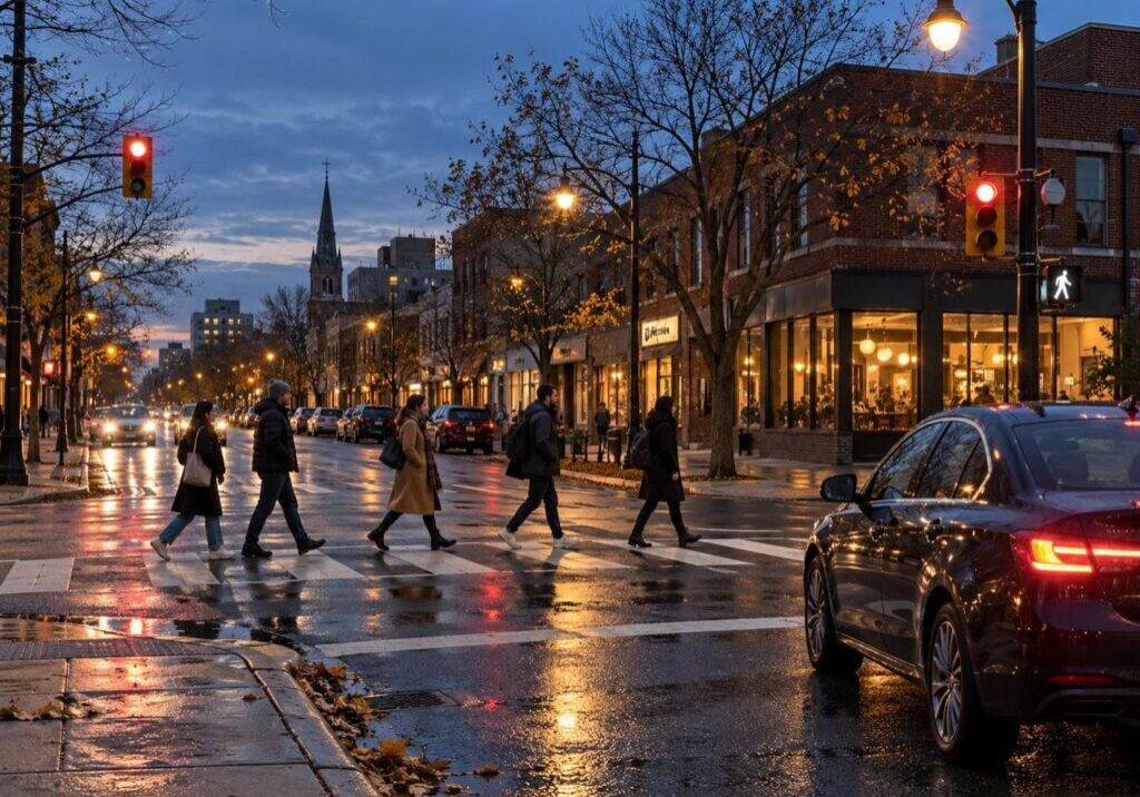 Pedestrians crossing a signalized Ontario intersection at dusk as a car waits behind the stop line