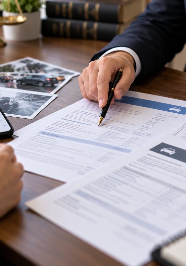 Lawyer pointing to an Ontario auto insurance policy beside a phone showing a rideshare trip map and crash photos
